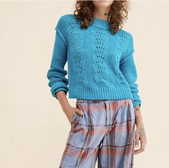 NWT Free People Bell Song Cropped Knit Long Sleeve Sweater Size XS Teal Blue - Picture 3 of 11